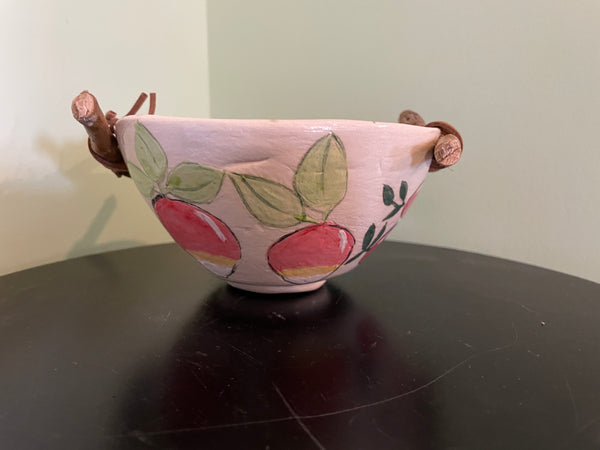 Art- Hand-built bowl with vintage inspire art and wooden handles