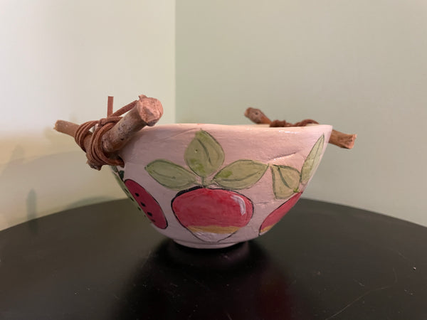 Art- Hand-built bowl with vintage inspire art and wooden handles